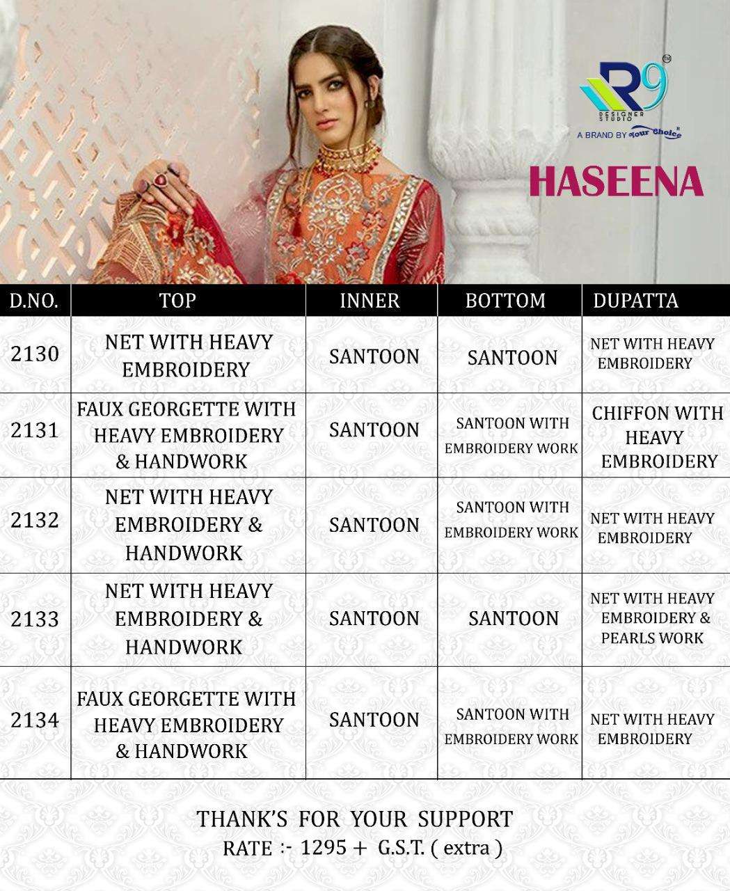 HASEENA BY R9 2130 TO 2134 SERIES PAKISTANI SUITS BEAUTIFUL FANCY COLORFUL STYLISH PARTY WEAR & OCCASIONAL WEAR FAUX GEORGETTE/NET EMBROIDERED DRESSES AT WHOLESALE PRICE