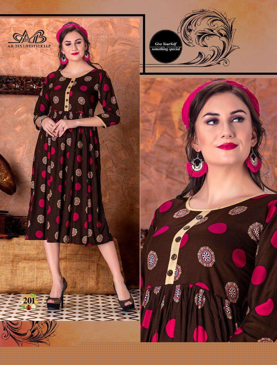 SUHANI BY A.B FASHION 201 TO 207 SERIES BEAUTIFUL STYLISH FANCY COLORFUL CASUAL WEAR & ETHNIC WEAR HEAVY RAYON PRINTED KURTIS AT WHOLESALE PRICE