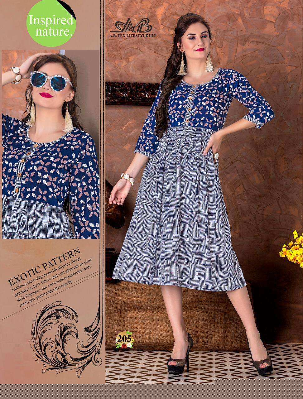 SUHANI BY A.B FASHION 201 TO 207 SERIES BEAUTIFUL STYLISH FANCY COLORFUL CASUAL WEAR & ETHNIC WEAR HEAVY RAYON PRINTED KURTIS AT WHOLESALE PRICE