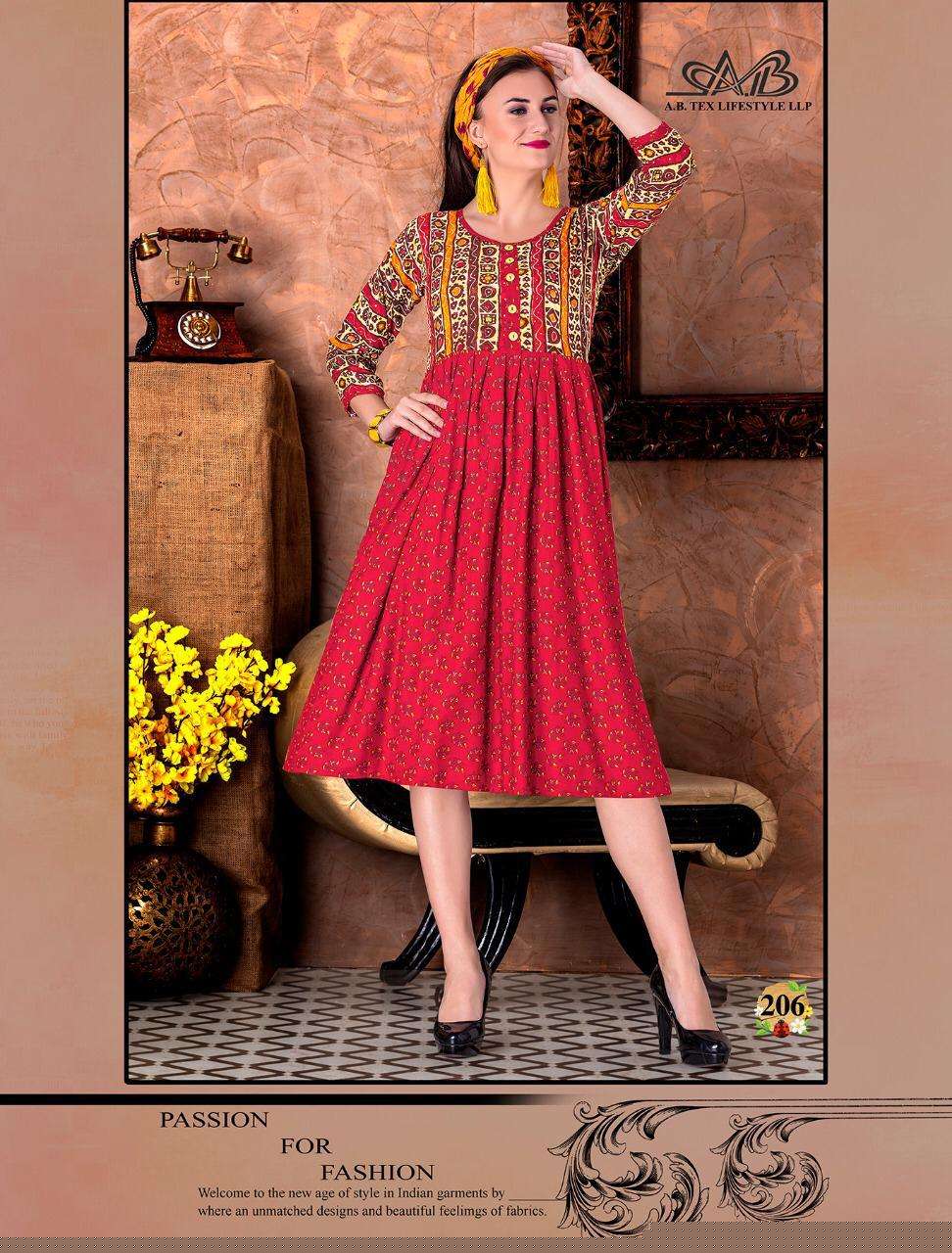 SUHANI BY A.B FASHION 201 TO 207 SERIES BEAUTIFUL STYLISH FANCY COLORFUL CASUAL WEAR & ETHNIC WEAR HEAVY RAYON PRINTED KURTIS AT WHOLESALE PRICE