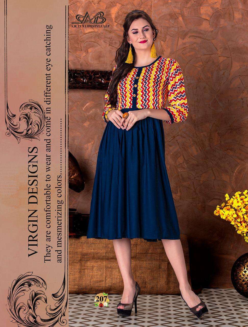 SUHANI BY A.B FASHION 201 TO 207 SERIES BEAUTIFUL STYLISH FANCY COLORFUL CASUAL WEAR & ETHNIC WEAR HEAVY RAYON PRINTED KURTIS AT WHOLESALE PRICE
