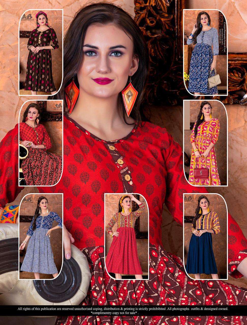 SUHANI BY A.B FASHION 201 TO 207 SERIES BEAUTIFUL STYLISH FANCY COLORFUL CASUAL WEAR & ETHNIC WEAR HEAVY RAYON PRINTED KURTIS AT WHOLESALE PRICE
