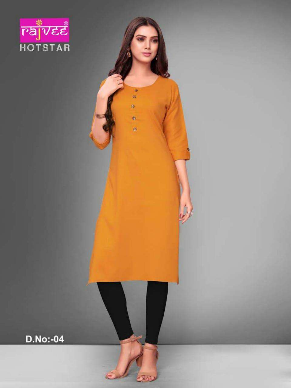 HOTSTAR BY RAJVEE 01 TO 08 SERIES BEAUTIFUL COLORFUL STYLISH FANCY CASUAL WEAR & ETHNIC WEAR & READY TO WEAR RAYON CROSS KURTIS AT WHOLESALE PRICE