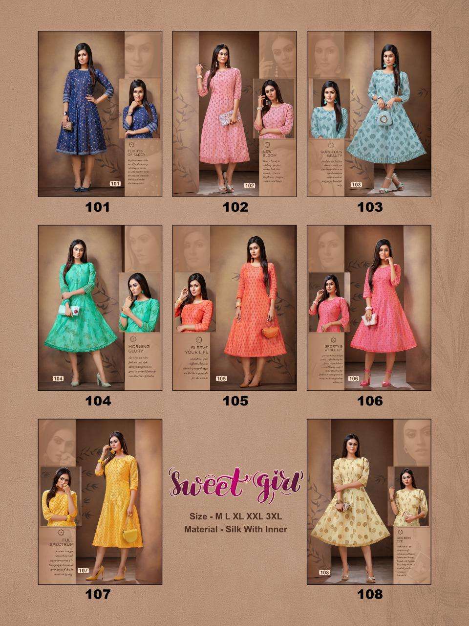 SWEET GIRL BY VIYASSA 101 TO 108 SERIES BEAUTIFUL COLORFUL STYLISH FANCY CASUAL WEAR & ETHNIC WEAR & READY TO WEAR HEAVY BANGLORI SILKKURTIS AT WHOLESALE PRICE
