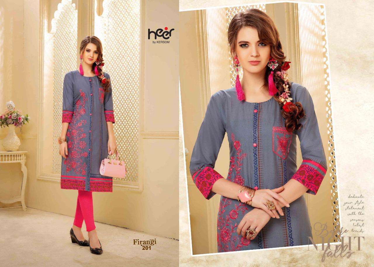 FIRANGI VOL-2 BY HEER 201 TO 208 SERIES BEAUTIFUL COLORFUL STYLISH FANCY CASUAL WEAR & ETHNIC WEAR & READY TO WEAR COTTON LAWN KURTIS AT WHOLESALE PRICE