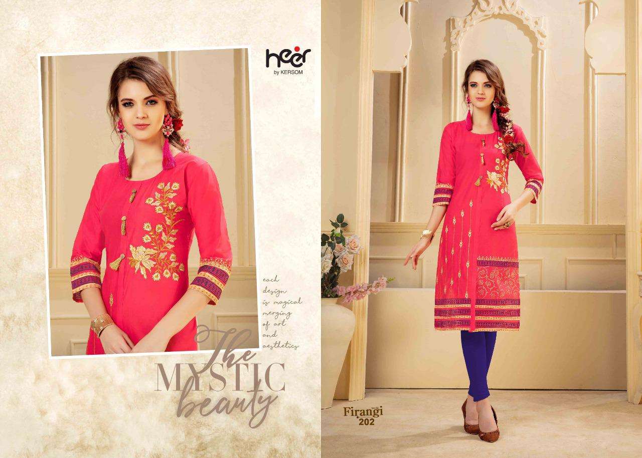 FIRANGI VOL-2 BY HEER 201 TO 208 SERIES BEAUTIFUL COLORFUL STYLISH FANCY CASUAL WEAR & ETHNIC WEAR & READY TO WEAR COTTON LAWN KURTIS AT WHOLESALE PRICE