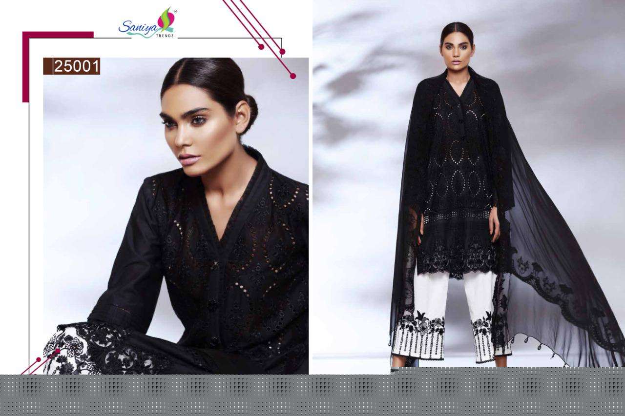 CHARIZMA QARA BY SANIYA TRENDZ 25001 TO 25004 SERIES PAKISTANI SUITS BEAUTIFUL FANCY COLORFUL STYLISH PARTY WEAR & OCCASIONAL WEAR CAMBRIC COTTON WITH CHICKEN WORK DRESSES AT WHOLESALE PRICE