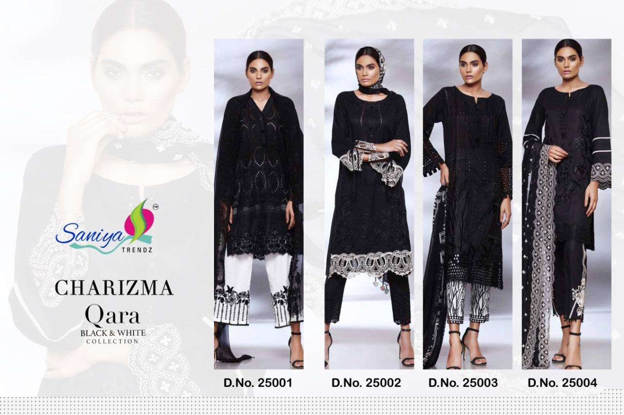 CHARIZMA QARA BY SANIYA TRENDZ 25001 TO 25004 SERIES PAKISTANI SUITS BEAUTIFUL FANCY COLORFUL STYLISH PARTY WEAR & OCCASIONAL WEAR CAMBRIC COTTON WITH CHICKEN WORK DRESSES AT WHOLESALE PRICE