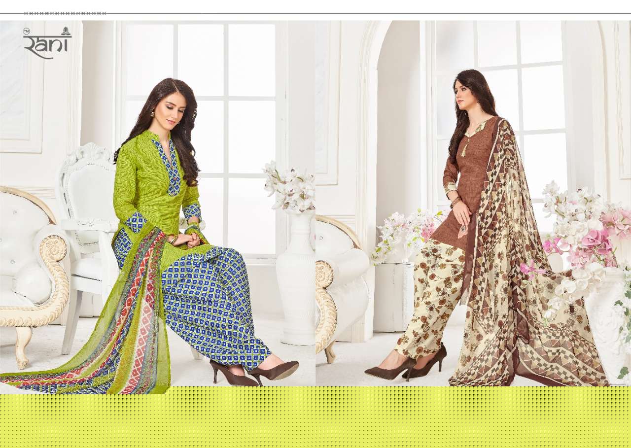 SURPRISE PATIYALA BY RANI FASHION 1001 TO 1016 SERIES BEAUTIFUL SUITS STYLISH FANCY COLORFUL PARTY WEAR & OCCASIONAL WEAR SEMILAWN PRINTED WITH COTTON INNER DRESSES AT WHOLESALE PRICE
