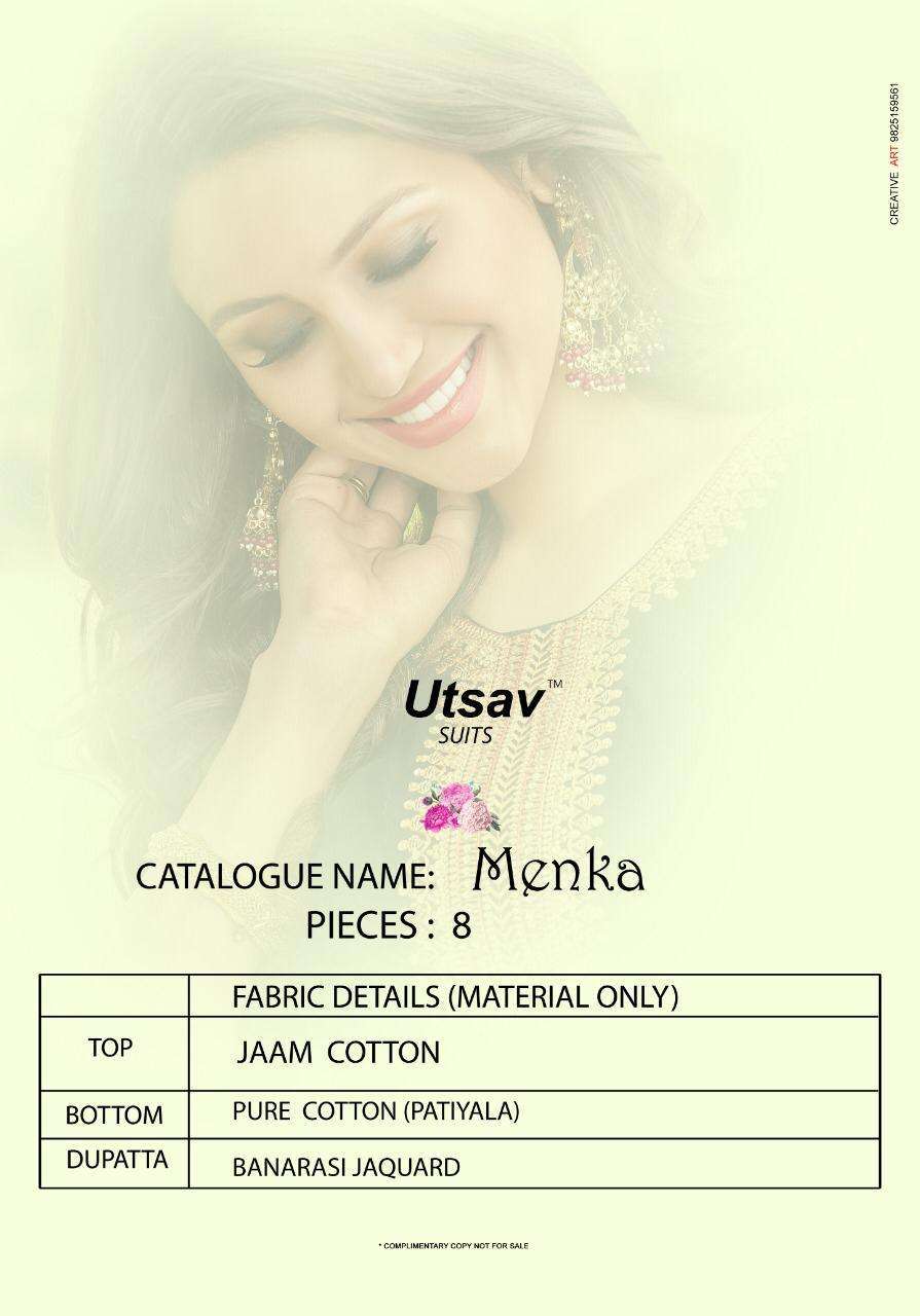 MENKA BY UTSAV SUITS 8001 TO 8008 SERIES BEAUTIFUL COLORFUL STYLISH PRETTY PARTY WEAR CASUAL WEAR OCCASIONAL WEAR JAM COTTON PRINTED EMBROIDERY DRESSES AT WHOLESALE PRICE
