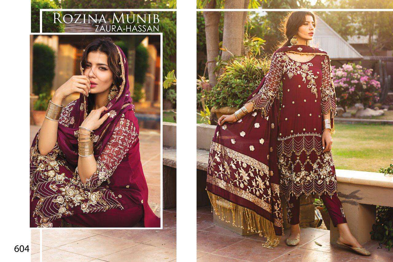 ROZINA MUNIB BY ZUARA HASSAN 604 TO 608 SERIES DESIGNER SHARARA SUITS BEAUTIFUL STYLISH FANCY COLORFUL PARTY WEAR & ETHNIC WEAR FAUX GEORGETTE WITH HEAVY EMBROIDERY DRESSES AT WHOLESALE PRICE