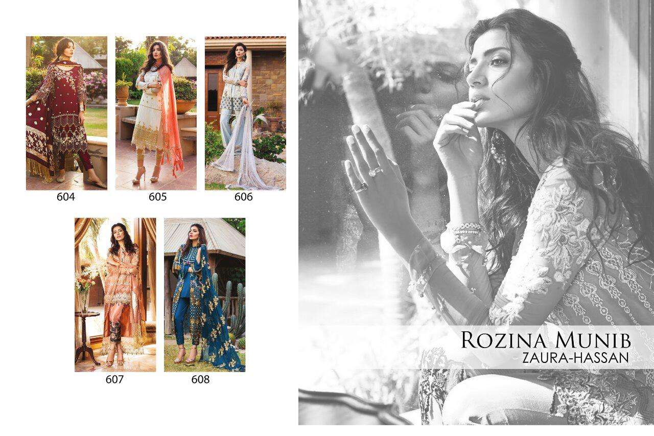 ROZINA MUNIB BY ZUARA HASSAN 604 TO 608 SERIES DESIGNER SHARARA SUITS BEAUTIFUL STYLISH FANCY COLORFUL PARTY WEAR & ETHNIC WEAR FAUX GEORGETTE WITH HEAVY EMBROIDERY DRESSES AT WHOLESALE PRICE
