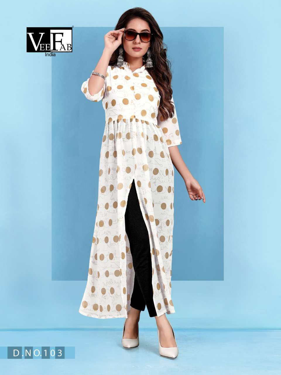 JAMTARA BY VEE FAB 101 TO 105 SERIES BEAUTIFUL STYLISH FANCY COLORFUL CASUAL WEAR & ETHNIC WEAR HEAVY FAUX GEORGETTE KURTIS AT WHOLESALE PRICE