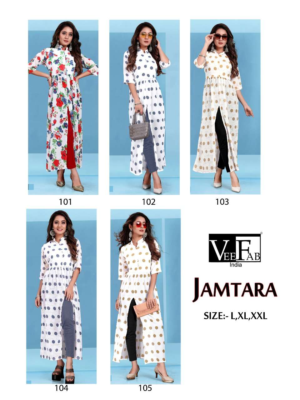 JAMTARA BY VEE FAB 101 TO 105 SERIES BEAUTIFUL STYLISH FANCY COLORFUL CASUAL WEAR & ETHNIC WEAR HEAVY FAUX GEORGETTE KURTIS AT WHOLESALE PRICE