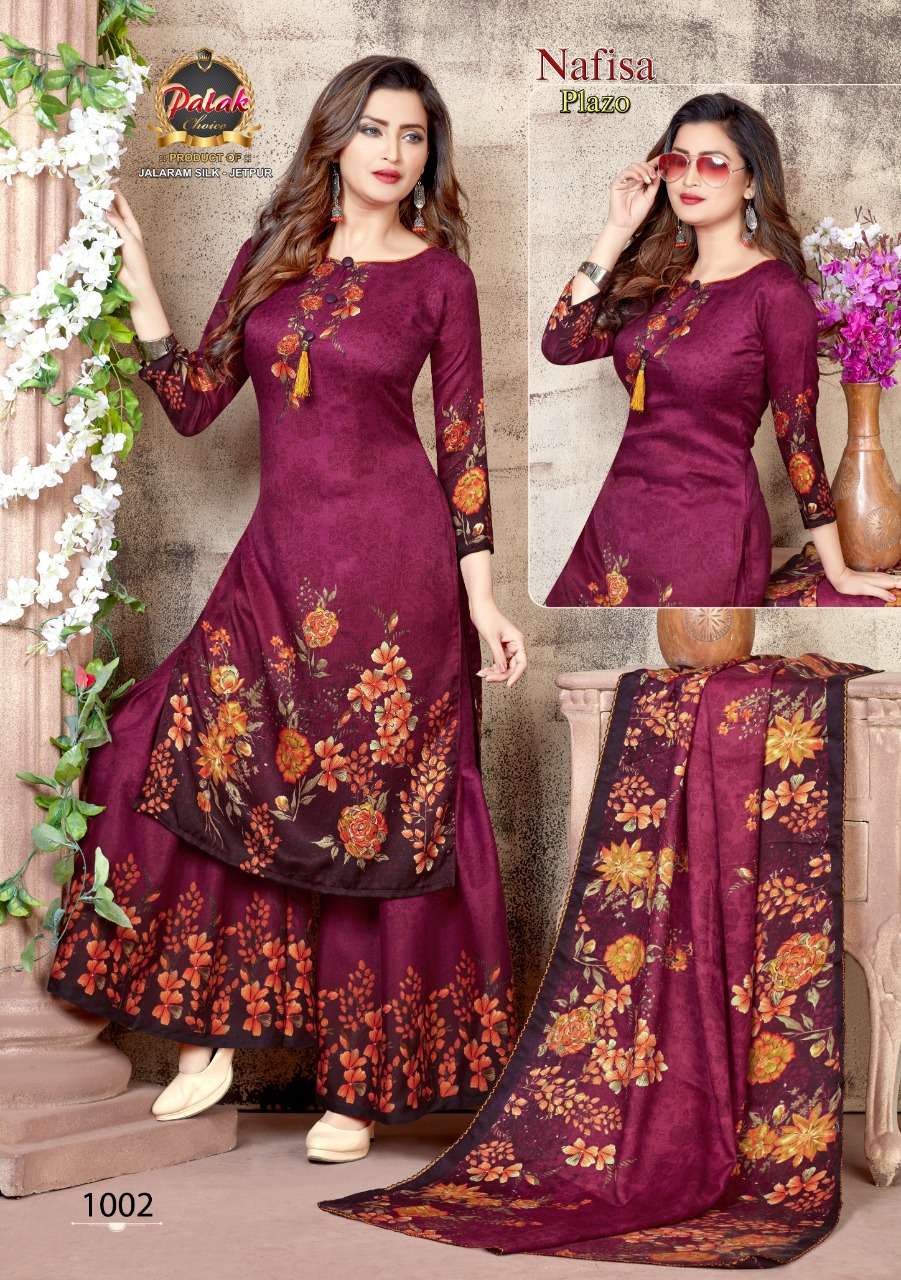 NAFISA PALAZO BY PALAK CHOICE 1001 TO 1010 SERIES BEAUTIFUL SUITS STYLISH FANCY COLORFUL PARTY WEAR & OCCASIONAL WEAR COTTON PRINTED DRESSES AT WHOLESALE PRICE