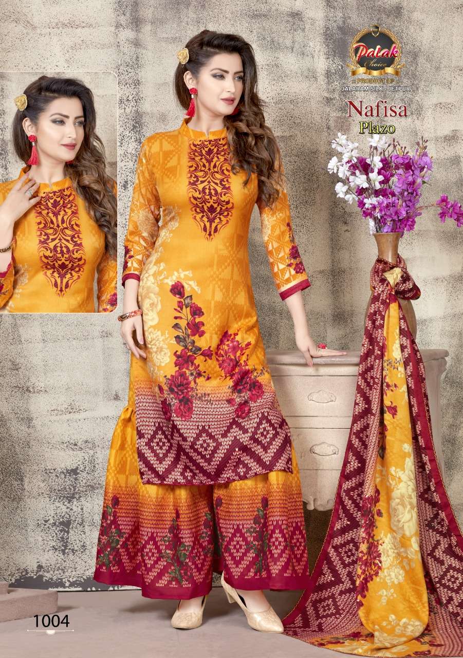 NAFISA PALAZO BY PALAK CHOICE 1001 TO 1010 SERIES BEAUTIFUL SUITS STYLISH FANCY COLORFUL PARTY WEAR & OCCASIONAL WEAR COTTON PRINTED DRESSES AT WHOLESALE PRICE