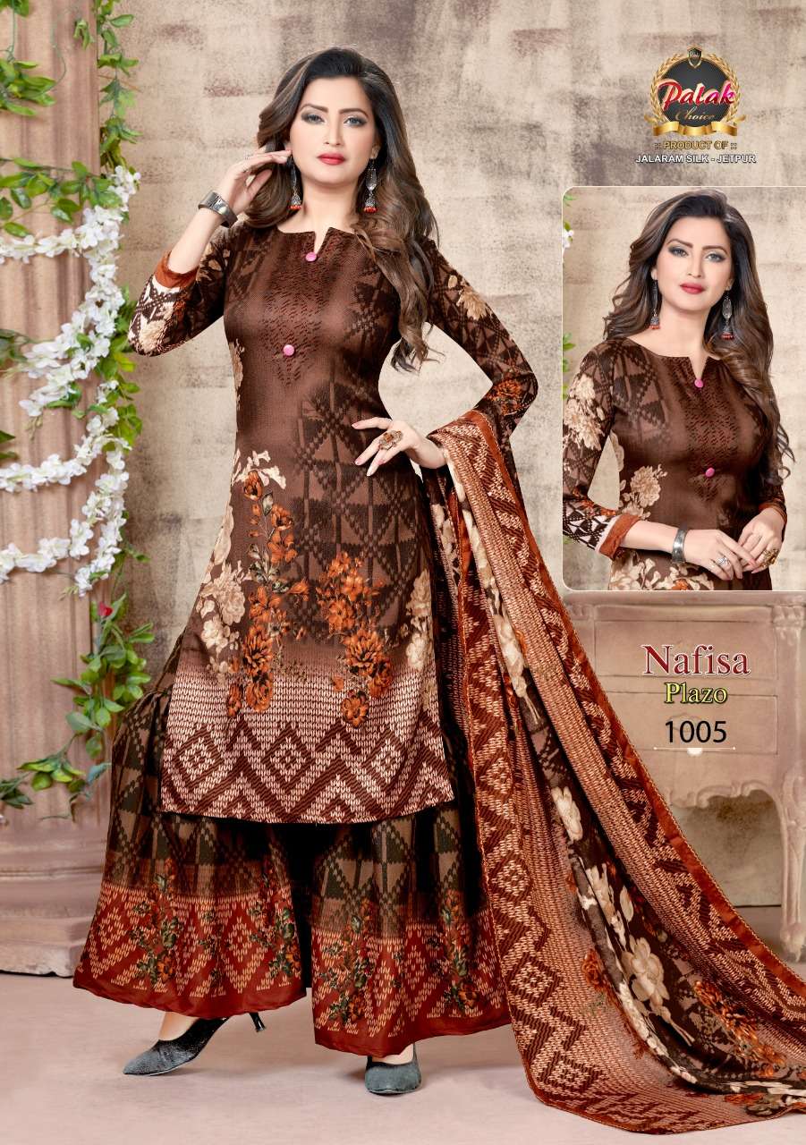 NAFISA PALAZO BY PALAK CHOICE 1001 TO 1010 SERIES BEAUTIFUL SUITS STYLISH FANCY COLORFUL PARTY WEAR & OCCASIONAL WEAR COTTON PRINTED DRESSES AT WHOLESALE PRICE