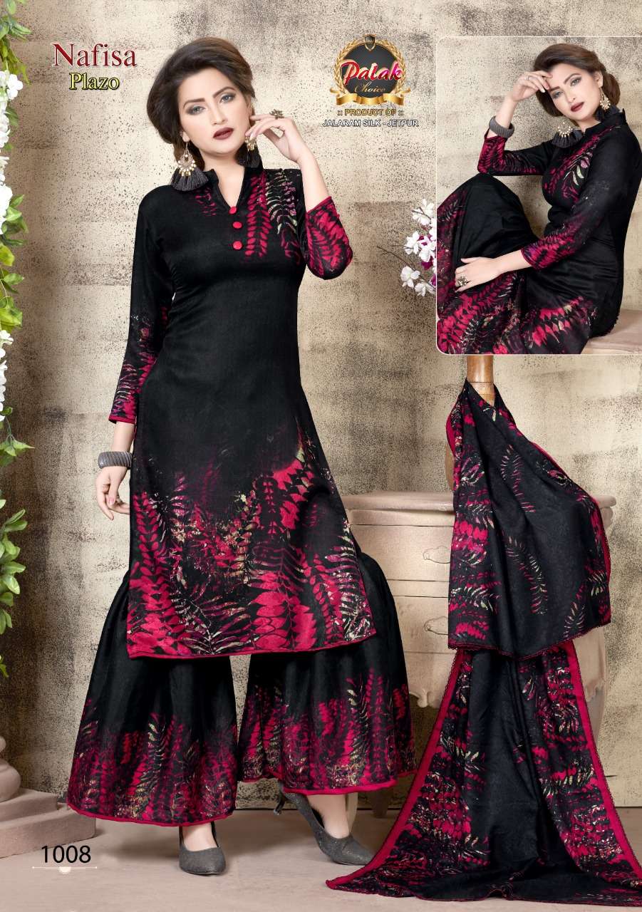 NAFISA PALAZO BY PALAK CHOICE 1001 TO 1010 SERIES BEAUTIFUL SUITS STYLISH FANCY COLORFUL PARTY WEAR & OCCASIONAL WEAR COTTON PRINTED DRESSES AT WHOLESALE PRICE