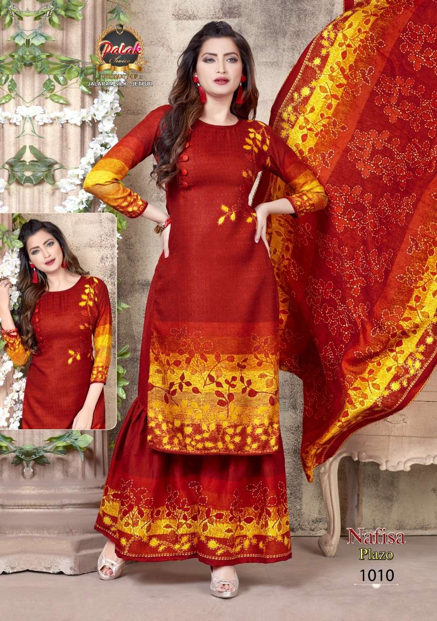 NAFISA PALAZO BY PALAK CHOICE 1001 TO 1010 SERIES BEAUTIFUL SUITS STYLISH FANCY COLORFUL PARTY WEAR & OCCASIONAL WEAR COTTON PRINTED DRESSES AT WHOLESALE PRICE