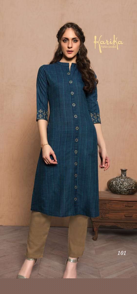 INDIGO BY KARIKA 101 TO 104 SERIES BEAUTIFUL STYLISH FANCY COLORFUL CASUAL WEAR & ETHNIC WEAR COTTON HANDLOOM WITH EMBROIDERY KURTIS AT WHOLESALE PRICE