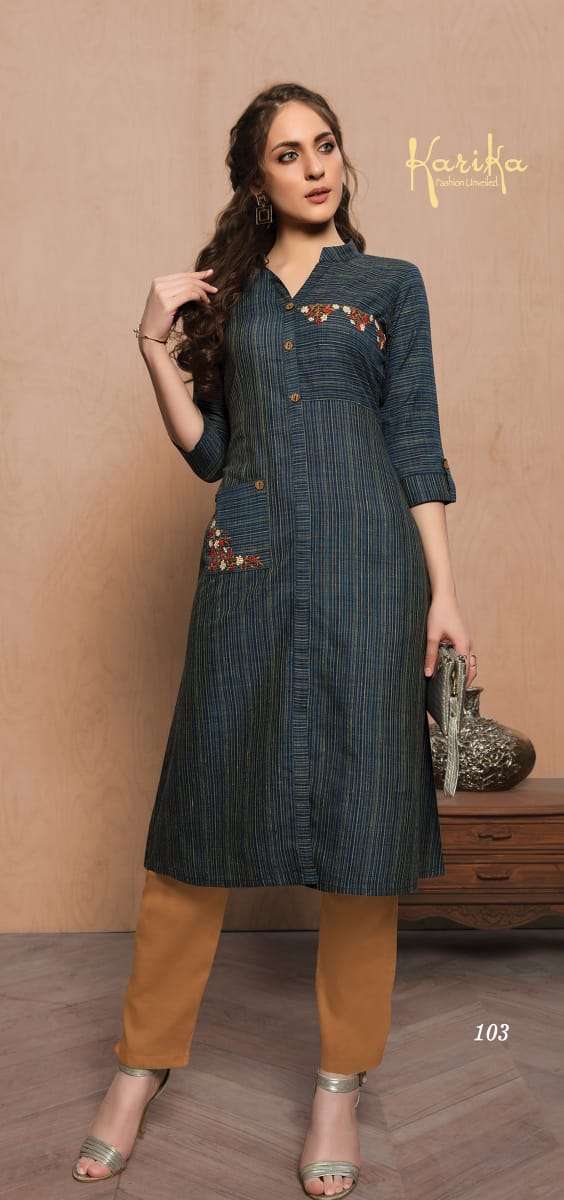 INDIGO BY KARIKA 101 TO 104 SERIES BEAUTIFUL STYLISH FANCY COLORFUL CASUAL WEAR & ETHNIC WEAR COTTON HANDLOOM WITH EMBROIDERY KURTIS AT WHOLESALE PRICE