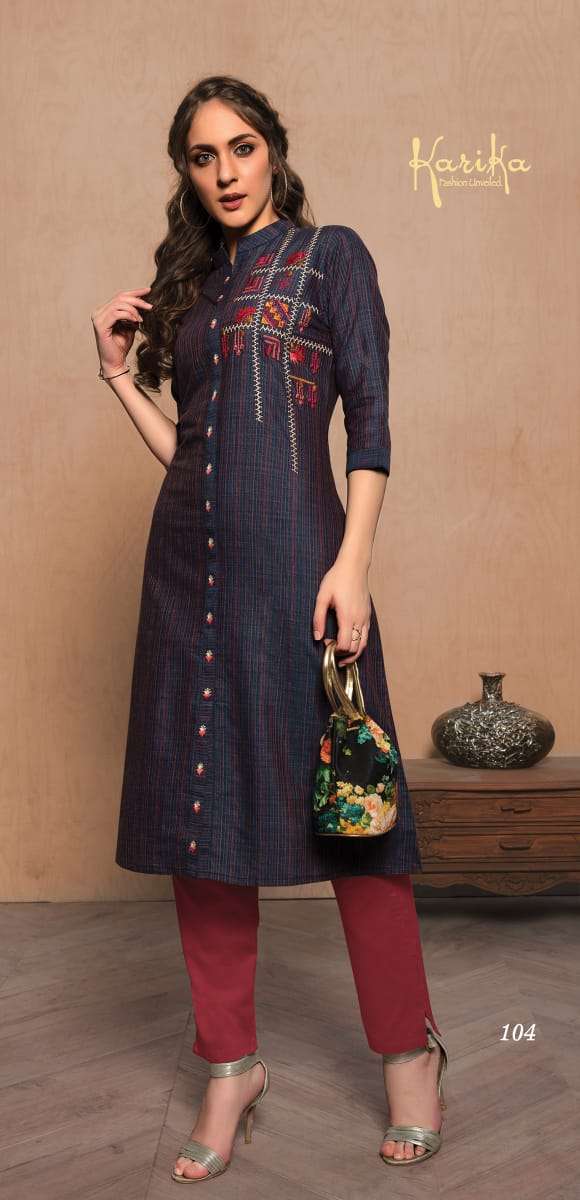 INDIGO BY KARIKA 101 TO 104 SERIES BEAUTIFUL STYLISH FANCY COLORFUL CASUAL WEAR & ETHNIC WEAR COTTON HANDLOOM WITH EMBROIDERY KURTIS AT WHOLESALE PRICE