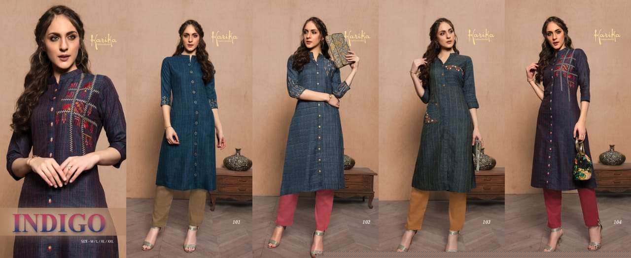 INDIGO BY KARIKA 101 TO 104 SERIES BEAUTIFUL STYLISH FANCY COLORFUL CASUAL WEAR & ETHNIC WEAR COTTON HANDLOOM WITH EMBROIDERY KURTIS AT WHOLESALE PRICE