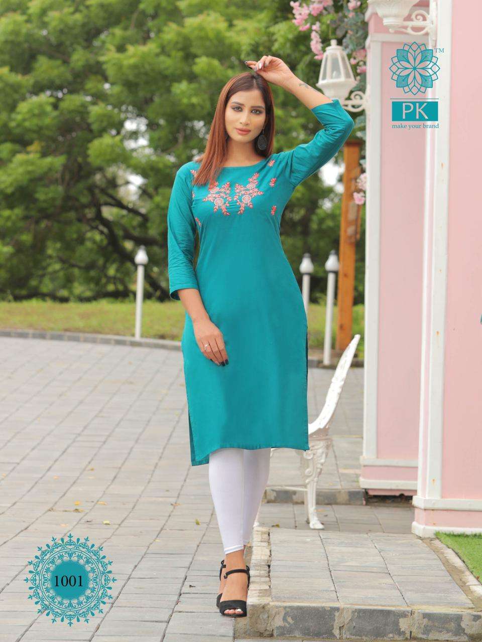 FASHION RAINBOW BY PK 1001 TO 1021 SERIES BEAUTIFUL STYLISH COLORFUL FANCY PARTY WEAR & ETHNIC WEAR & READY TO WEAR HEAVY COTTON WITH EMBROIDERY KURTIS AT WHOLESALE PRICE