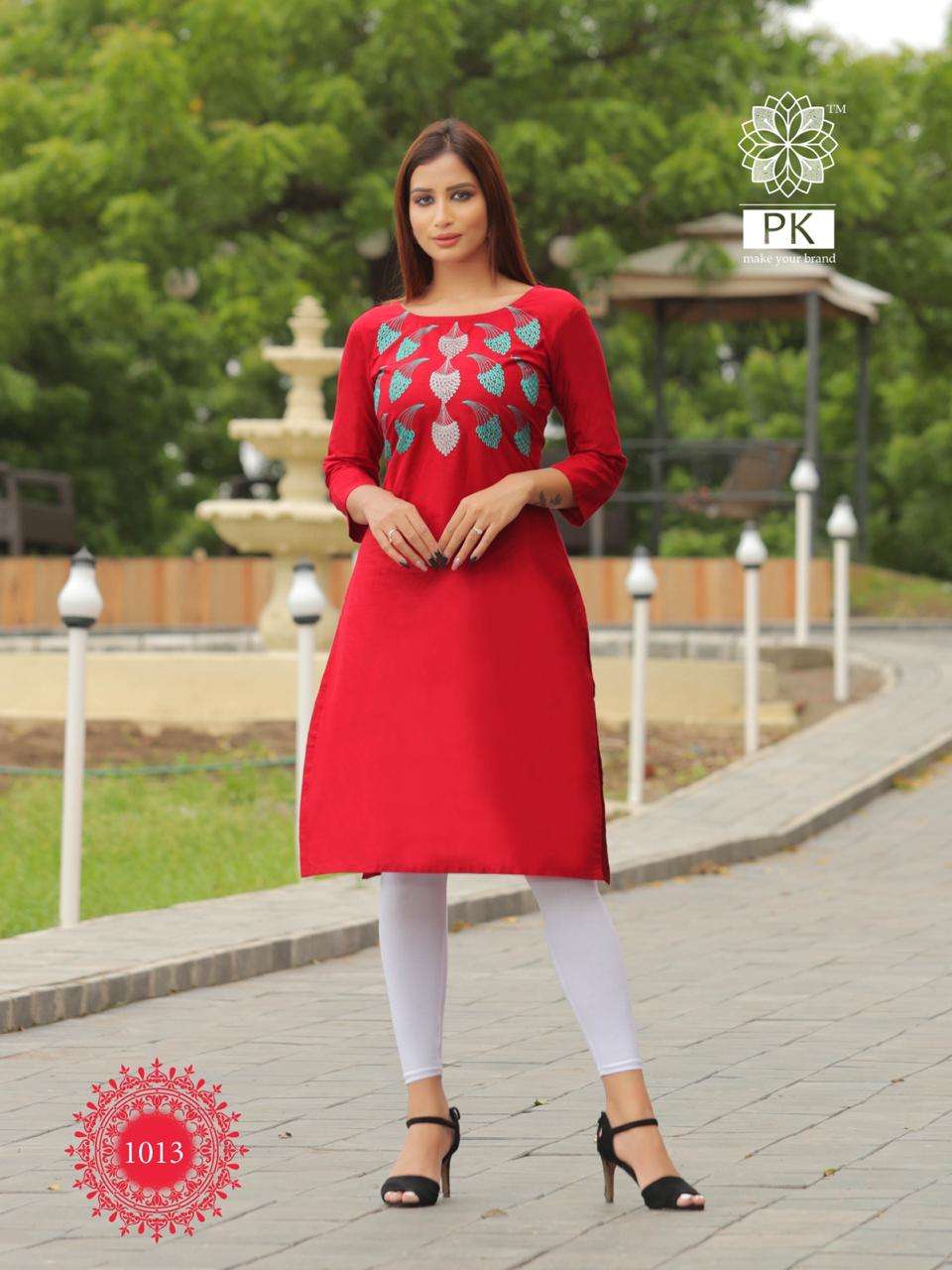 FASHION RAINBOW BY PK 1001 TO 1021 SERIES BEAUTIFUL STYLISH COLORFUL FANCY PARTY WEAR & ETHNIC WEAR & READY TO WEAR HEAVY COTTON WITH EMBROIDERY KURTIS AT WHOLESALE PRICE