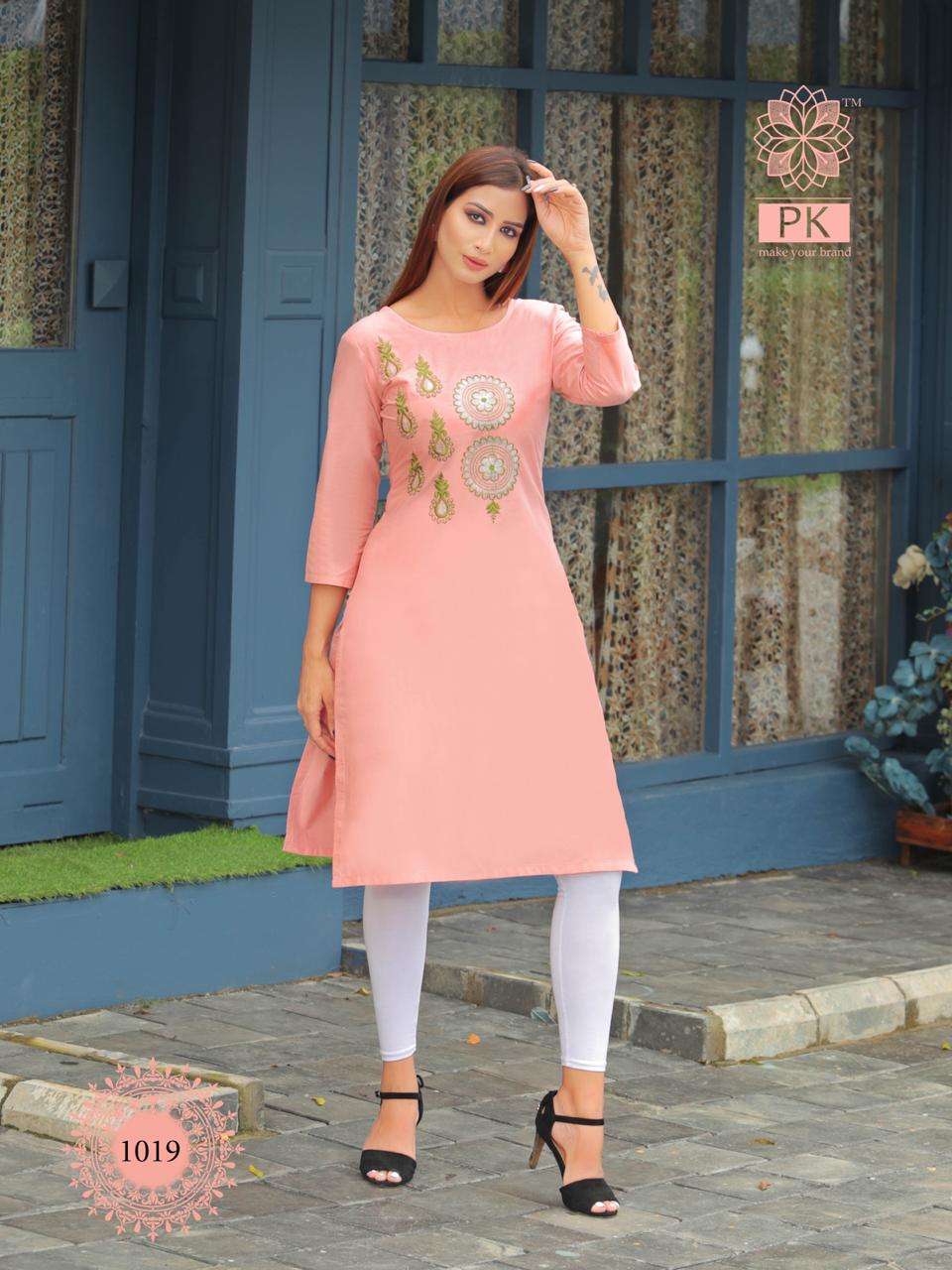 FASHION RAINBOW BY PK 1001 TO 1021 SERIES BEAUTIFUL STYLISH COLORFUL FANCY PARTY WEAR & ETHNIC WEAR & READY TO WEAR HEAVY COTTON WITH EMBROIDERY KURTIS AT WHOLESALE PRICE