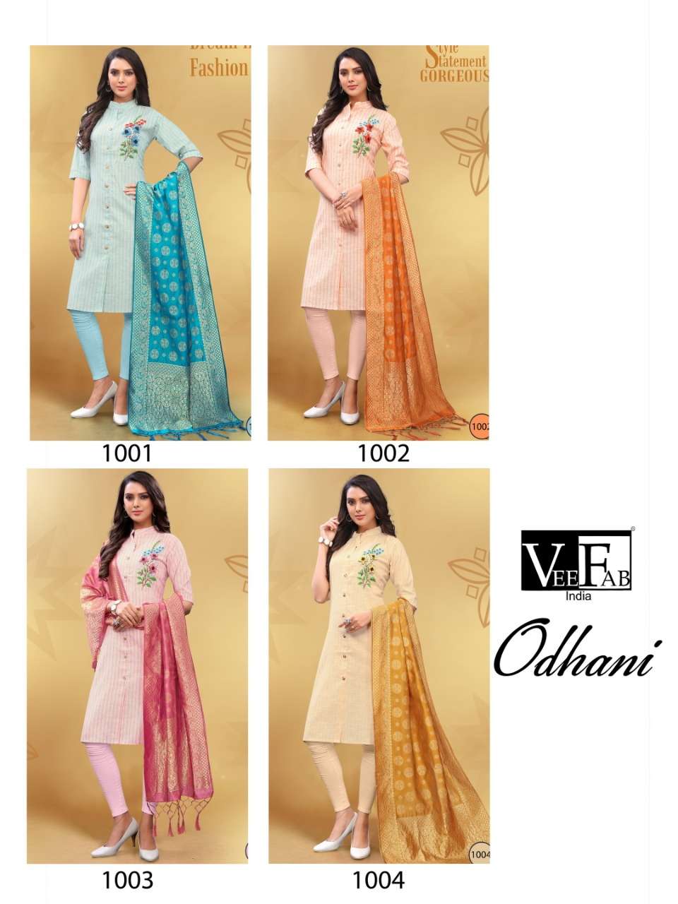ODHANI BY VEE FAB 1001 TO 1004 SERIES BEAUTIFUL STYLISH COLORFUL FANCY PARTY WEAR & ETHNIC WEAR & READY TO WEAR SOUTH COTTON WITH HANDWORK KURTIS AT WHOLESALE PRICE