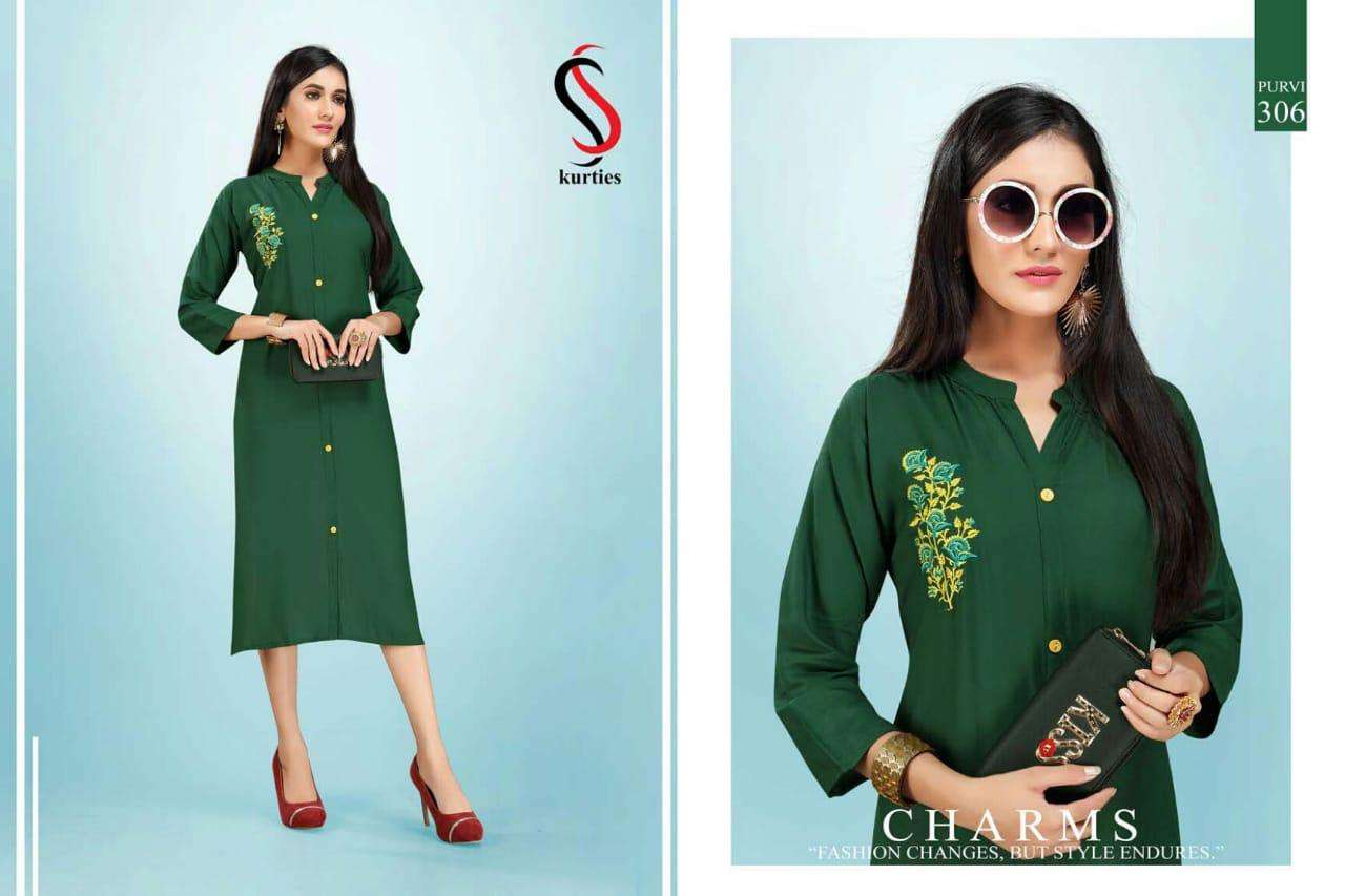 PURVI BY S S KURTIS 301 TO 308 SERIES STYLISH FANCY BEAUTIFUL COLORFUL CASUAL WEAR & ETHNIC WEAR RAYON 14 KG KURTIS AT WHOLESALE PRICE