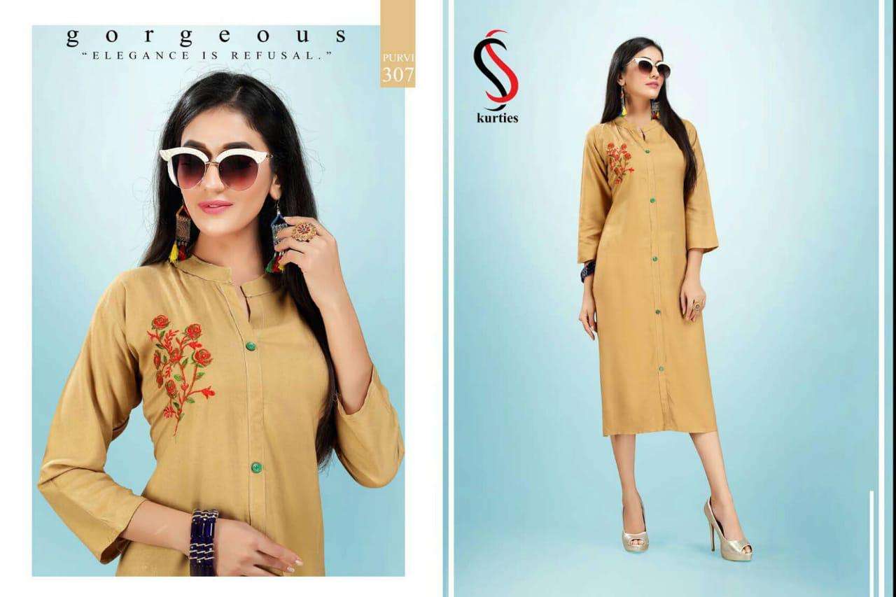 PURVI BY S S KURTIS 301 TO 308 SERIES STYLISH FANCY BEAUTIFUL COLORFUL CASUAL WEAR & ETHNIC WEAR RAYON 14 KG KURTIS AT WHOLESALE PRICE