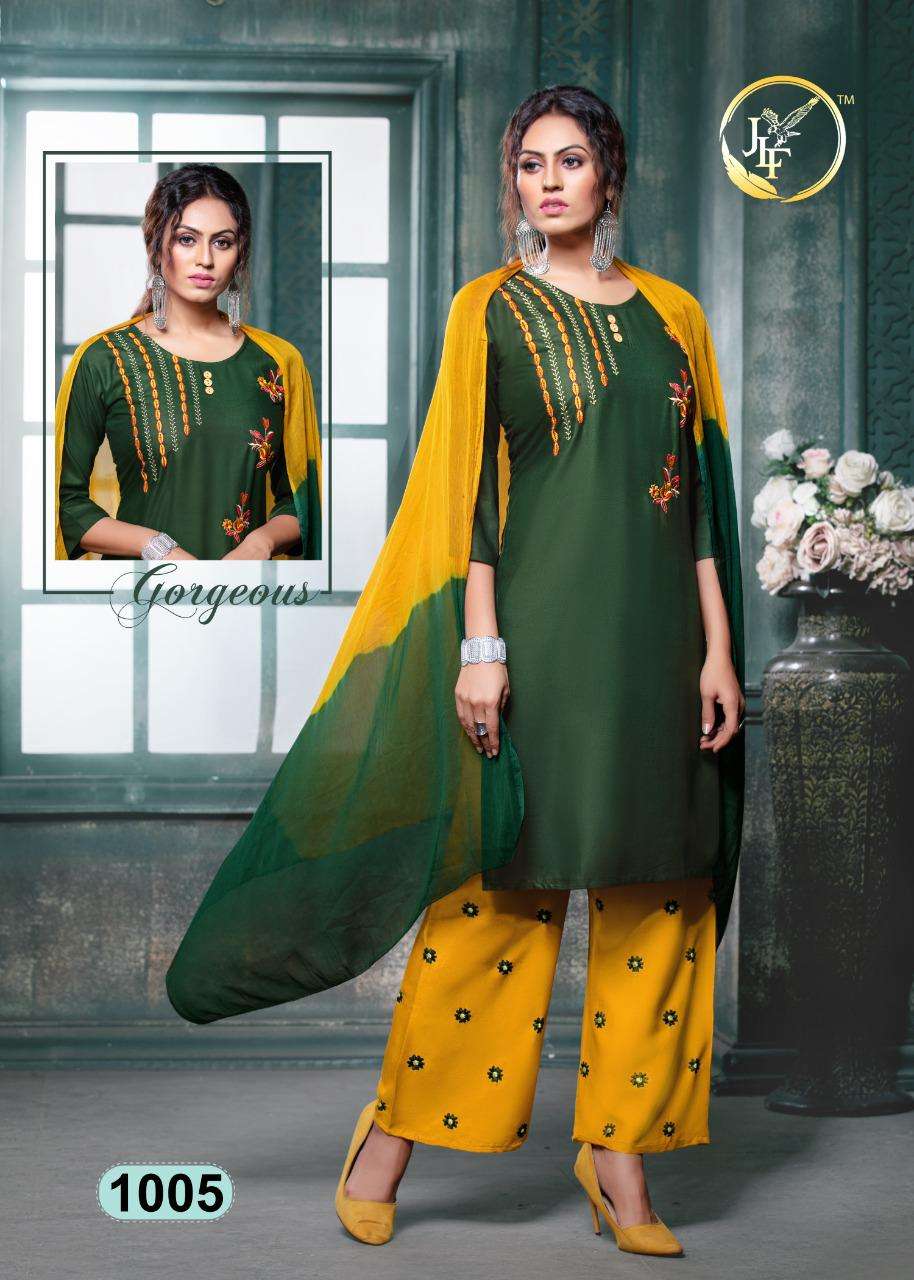 NARGIS BY JLF 1001 TO 1008 SERIES BEAUTIFUL COLORFUL STYLISH PRETTY PARTY WEAR CASUAL WEAR OCCASIONAL WEAR HEAVY RAYON 14 KG DRESSES AT WHOLESALE PRICE