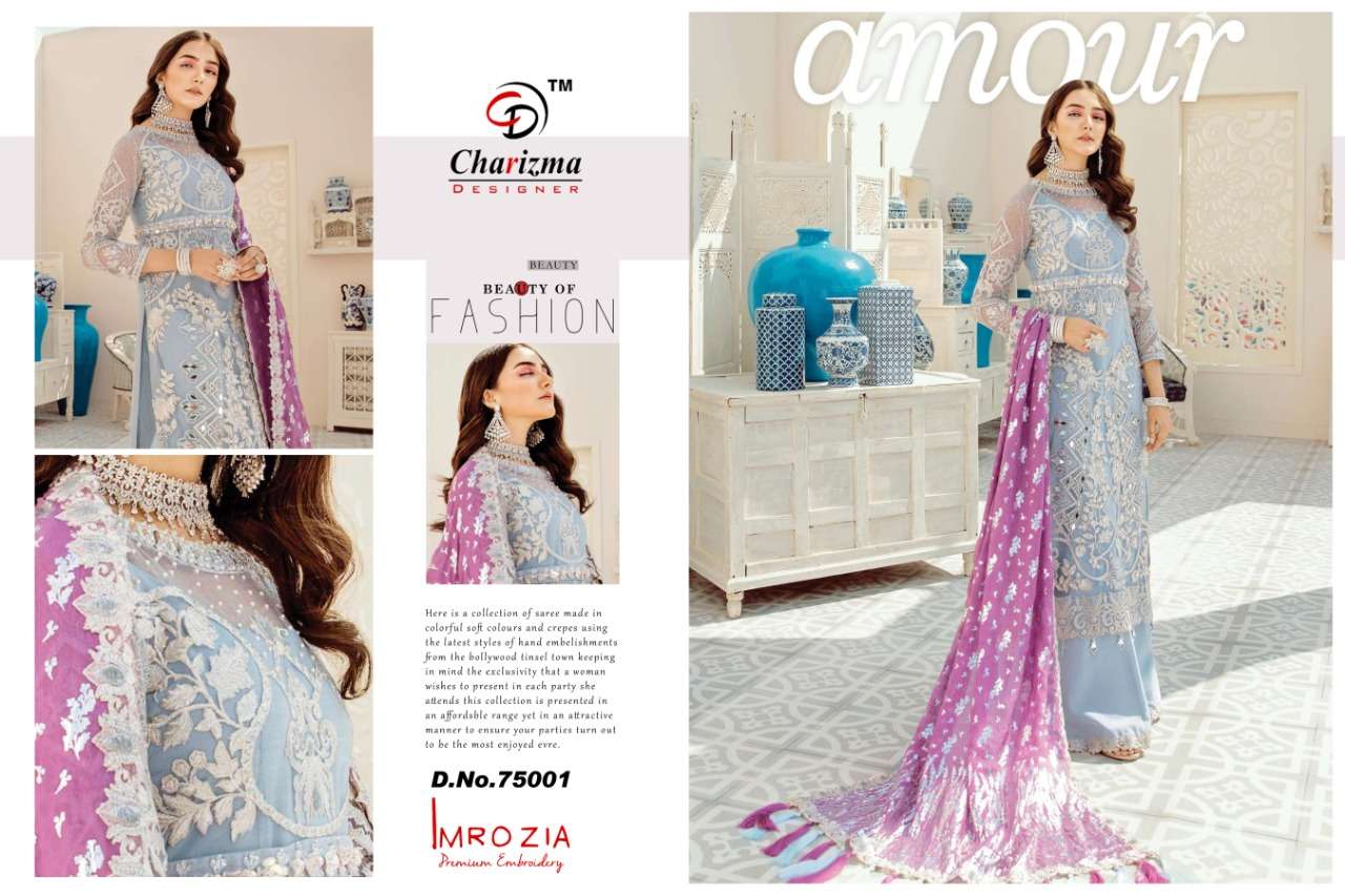 IMROZIA BY CHARIZMA DESIGNER 75001 TO 75005 SERIES PAKISTANI SUITS BEAUTIFUL FANCY COLORFUL STYLISH PARTY WEAR & OCCASIONAL WEAR HEAVY NET WITH EMBROIDERY DRESSES AT WHOLESALE PRICE