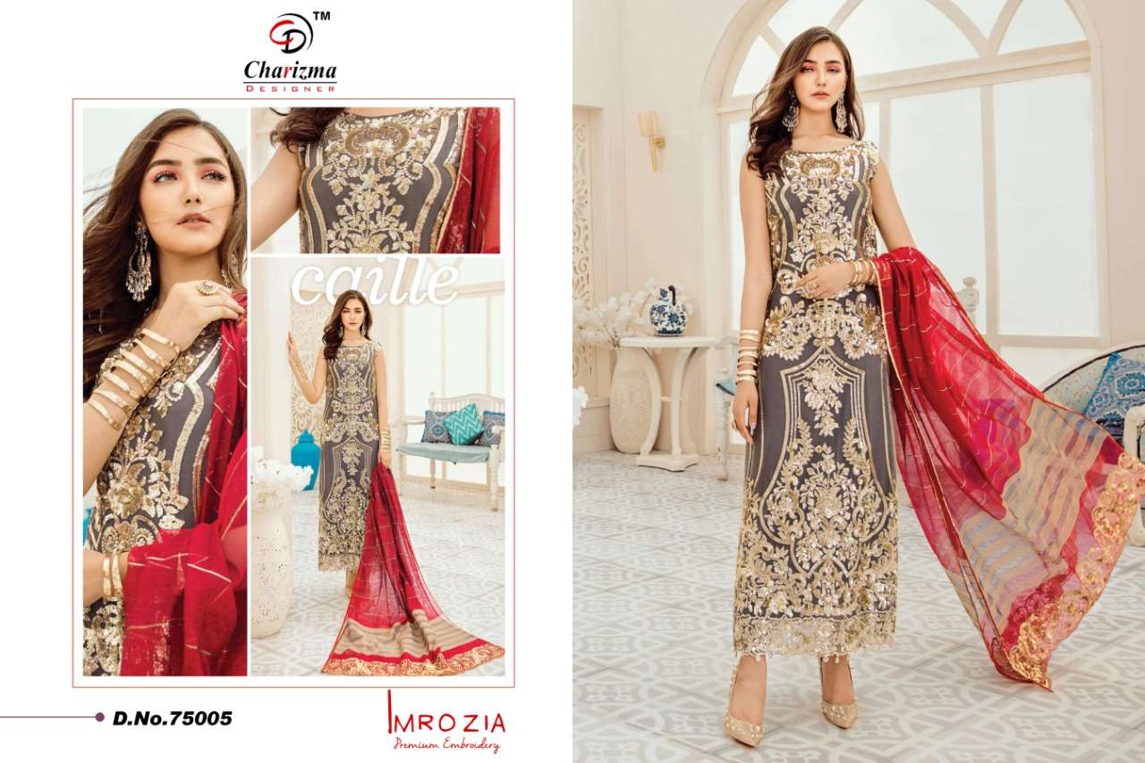 IMROZIA BY CHARIZMA DESIGNER 75001 TO 75005 SERIES PAKISTANI SUITS BEAUTIFUL FANCY COLORFUL STYLISH PARTY WEAR & OCCASIONAL WEAR HEAVY NET WITH EMBROIDERY DRESSES AT WHOLESALE PRICE