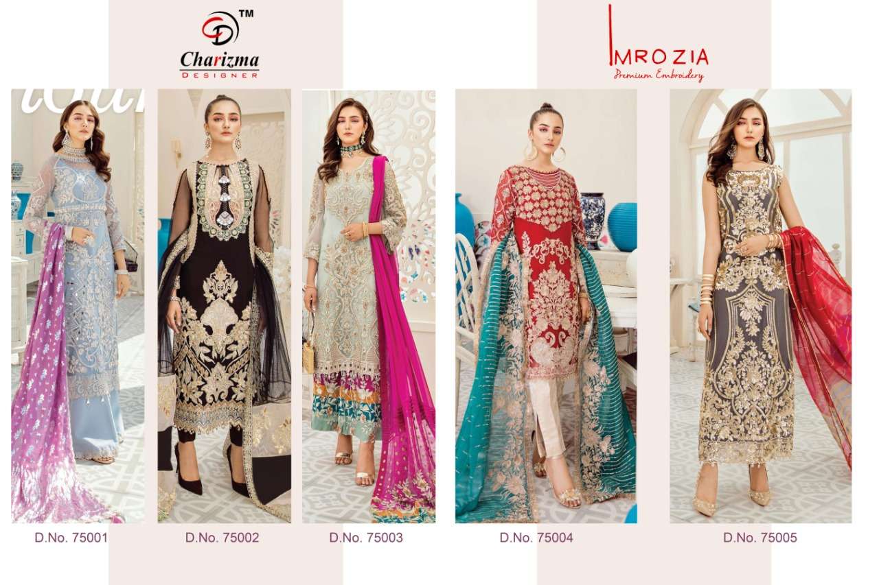 IMROZIA BY CHARIZMA DESIGNER 75001 TO 75005 SERIES PAKISTANI SUITS BEAUTIFUL FANCY COLORFUL STYLISH PARTY WEAR & OCCASIONAL WEAR HEAVY NET WITH EMBROIDERY DRESSES AT WHOLESALE PRICE