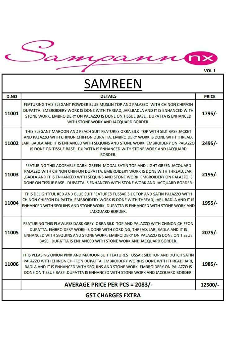 SAMREEN BY SAMPANN NX 11001 TO 1106 SERIES DESIGNER PAKISTANI SUITS BEAUTIFUL STYLISH FANCY COLORFUL PARTY WEAR & OCCASIONAL WEAR MODAL SATIN DRESSES AT WHOLESALE PRICE
