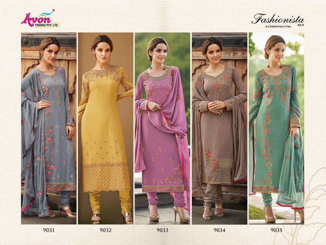 FASHIONISTA VOL-8 BY AVON TRENDZ 9031 TO 9035 SERIES DESIGNER PAKISTANI SUITS BEAUTIFUL FANCY COLORFUL PARTY WEAR & ETHNIC WEAR FANCY WITH EMBROIDERY DRESSES AT WHOLESALE PRICE