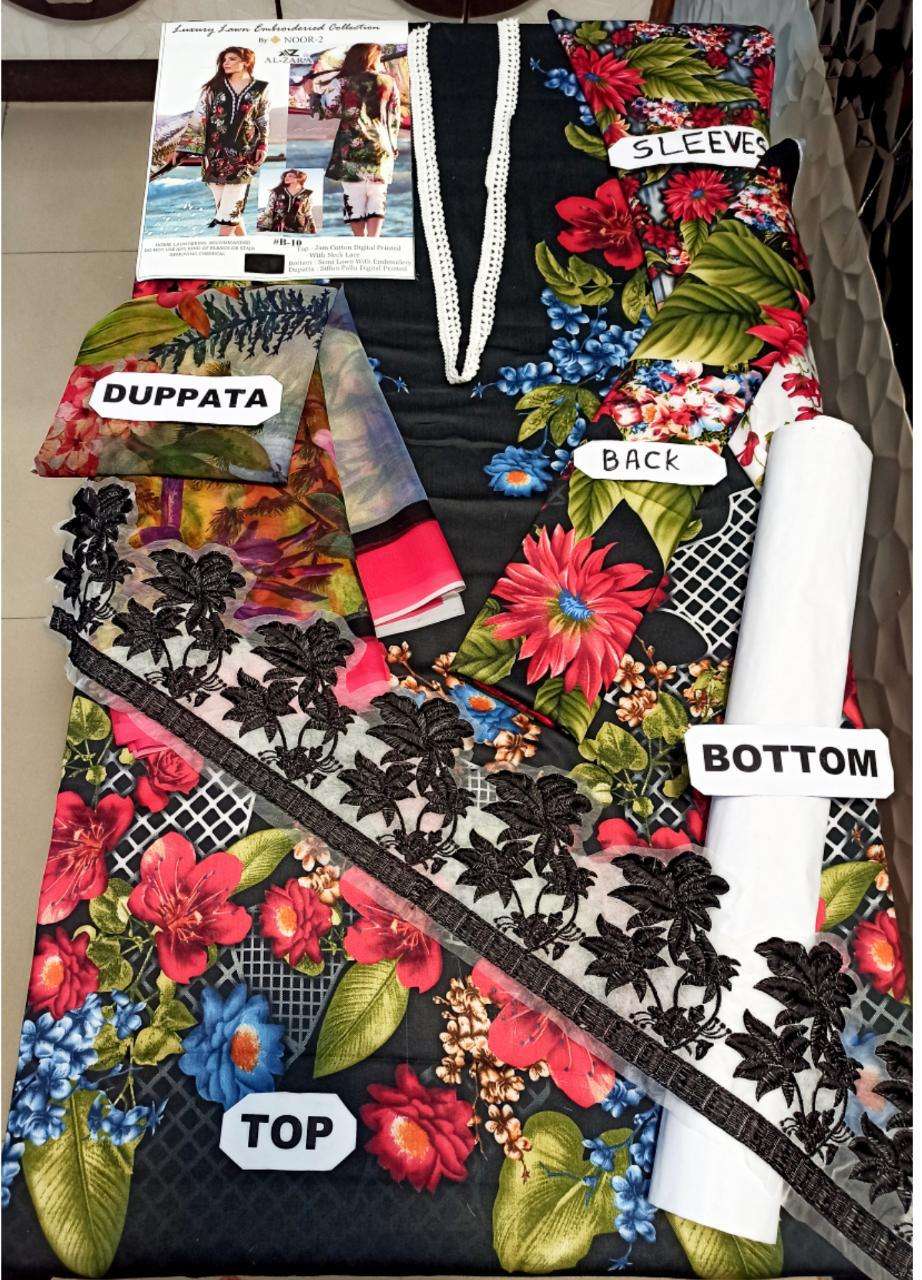 NOOR HIT DESIGN B-10 BY AL ZARA PAKISTANI SUITS BEAUTIFUL FANCY COLORFUL STYLISH PARTY WEAR & OCCASIONAL WEAR LUXURY JAM SATIN DIGITAL PRINT WITH EMBROIDERY DRESSES AT WHOLESALE PRICE