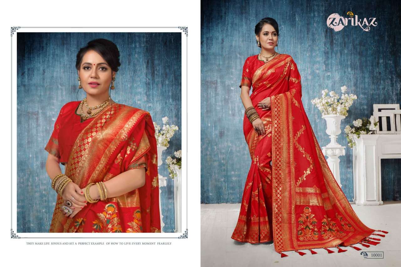 PIHUU VOL-10 BY ZARIKAZ 10001 TO 10007 SERIES INDIAN TRADITIONAL WEAR COLLECTION BEAUTIFUL STYLISH FANCY COLORFUL PARTY WEAR & OCCASIONAL WEAR BANARASI SILK WEAVING SAREES AT WHOLESALE PRICE