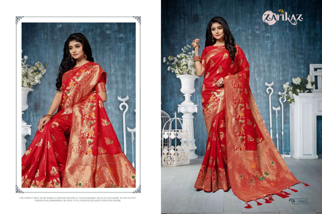 PIHUU VOL-10 BY ZARIKAZ 10001 TO 10007 SERIES INDIAN TRADITIONAL WEAR COLLECTION BEAUTIFUL STYLISH FANCY COLORFUL PARTY WEAR & OCCASIONAL WEAR BANARASI SILK WEAVING SAREES AT WHOLESALE PRICE