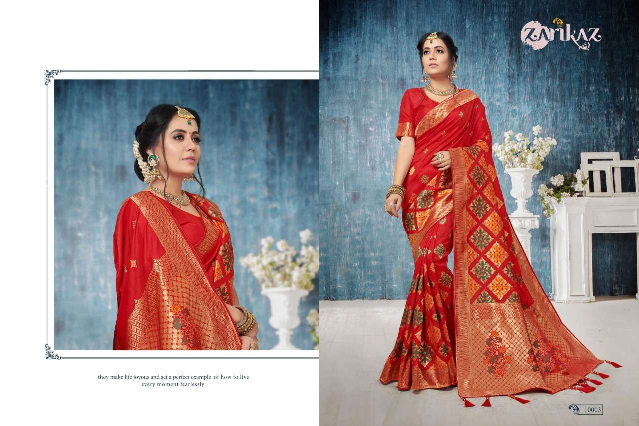PIHUU VOL-10 BY ZARIKAZ 10001 TO 10007 SERIES INDIAN TRADITIONAL WEAR COLLECTION BEAUTIFUL STYLISH FANCY COLORFUL PARTY WEAR & OCCASIONAL WEAR BANARASI SILK WEAVING SAREES AT WHOLESALE PRICE