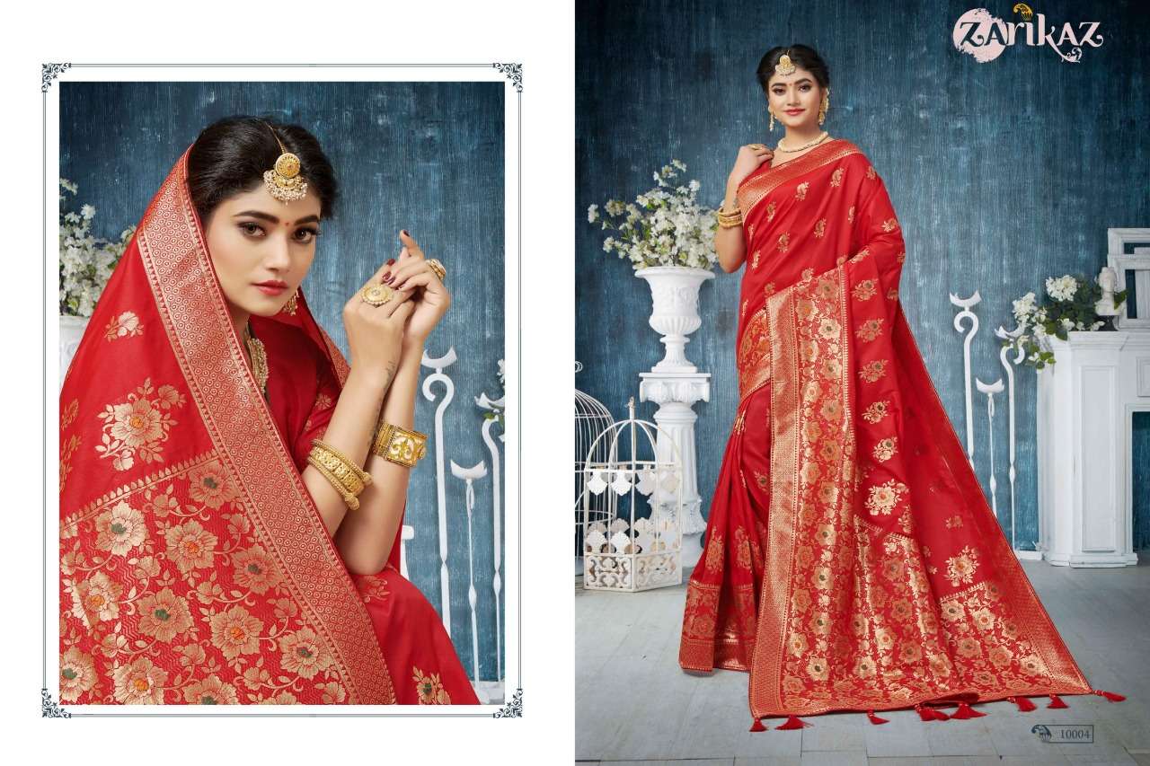 PIHUU VOL-10 BY ZARIKAZ 10001 TO 10007 SERIES INDIAN TRADITIONAL WEAR COLLECTION BEAUTIFUL STYLISH FANCY COLORFUL PARTY WEAR & OCCASIONAL WEAR BANARASI SILK WEAVING SAREES AT WHOLESALE PRICE
