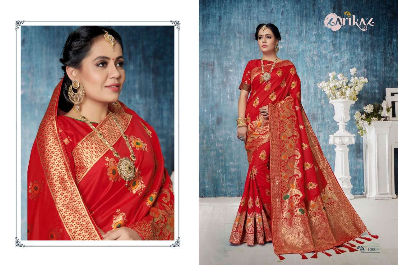 PIHUU VOL-10 BY ZARIKAZ 10001 TO 10007 SERIES INDIAN TRADITIONAL WEAR COLLECTION BEAUTIFUL STYLISH FANCY COLORFUL PARTY WEAR & OCCASIONAL WEAR BANARASI SILK WEAVING SAREES AT WHOLESALE PRICE