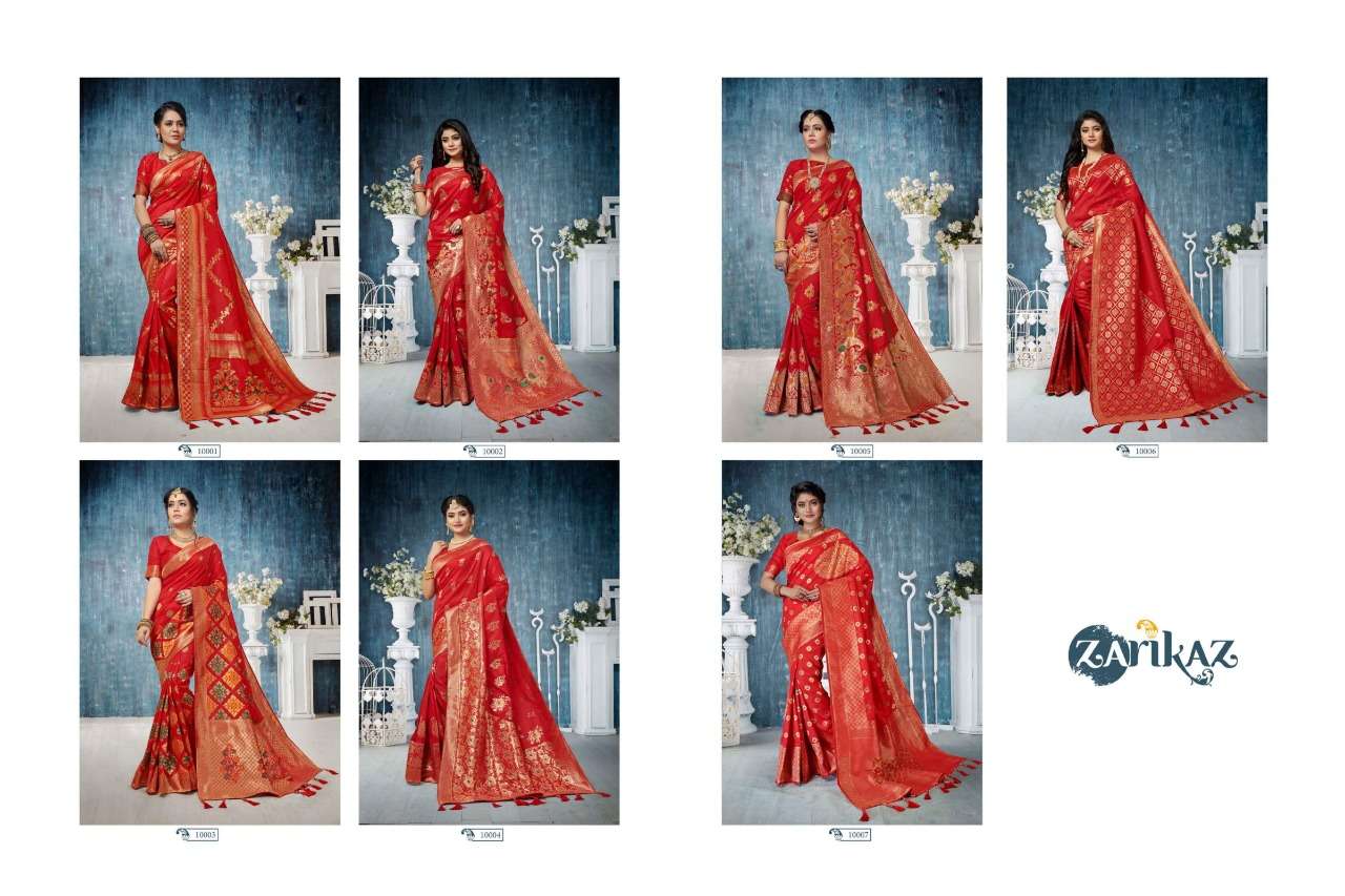 PIHUU VOL-10 BY ZARIKAZ 10001 TO 10007 SERIES INDIAN TRADITIONAL WEAR COLLECTION BEAUTIFUL STYLISH FANCY COLORFUL PARTY WEAR & OCCASIONAL WEAR BANARASI SILK WEAVING SAREES AT WHOLESALE PRICE