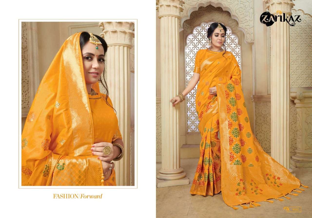 PIHUU VOL-9 BY ZARIKAZ 9001 TO 9006 SERIES INDIAN TRADITIONAL WEAR COLLECTION BEAUTIFUL STYLISH FANCY COLORFUL PARTY WEAR & OCCASIONAL WEAR BANARASI SILK WEAVING SAREES AT WHOLESALE PRICE