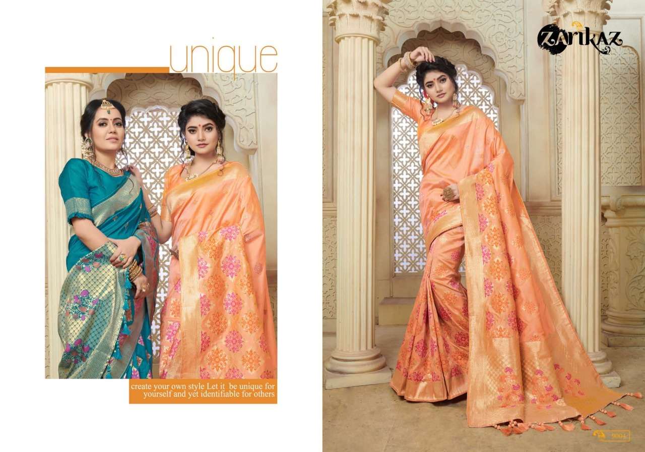 PIHUU VOL-9 BY ZARIKAZ 9001 TO 9006 SERIES INDIAN TRADITIONAL WEAR COLLECTION BEAUTIFUL STYLISH FANCY COLORFUL PARTY WEAR & OCCASIONAL WEAR BANARASI SILK WEAVING SAREES AT WHOLESALE PRICE