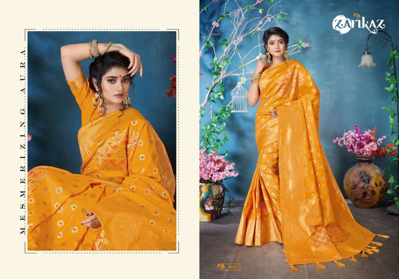 PIHUU VOL-8 BY ZARIKAZ 8001 TO 8006 SERIES INDIAN TRADITIONAL WEAR COLLECTION BEAUTIFUL STYLISH FANCY COLORFUL PARTY WEAR & OCCASIONAL WEAR BANARASI SILK WEAVING SAREES AT WHOLESALE PRICE