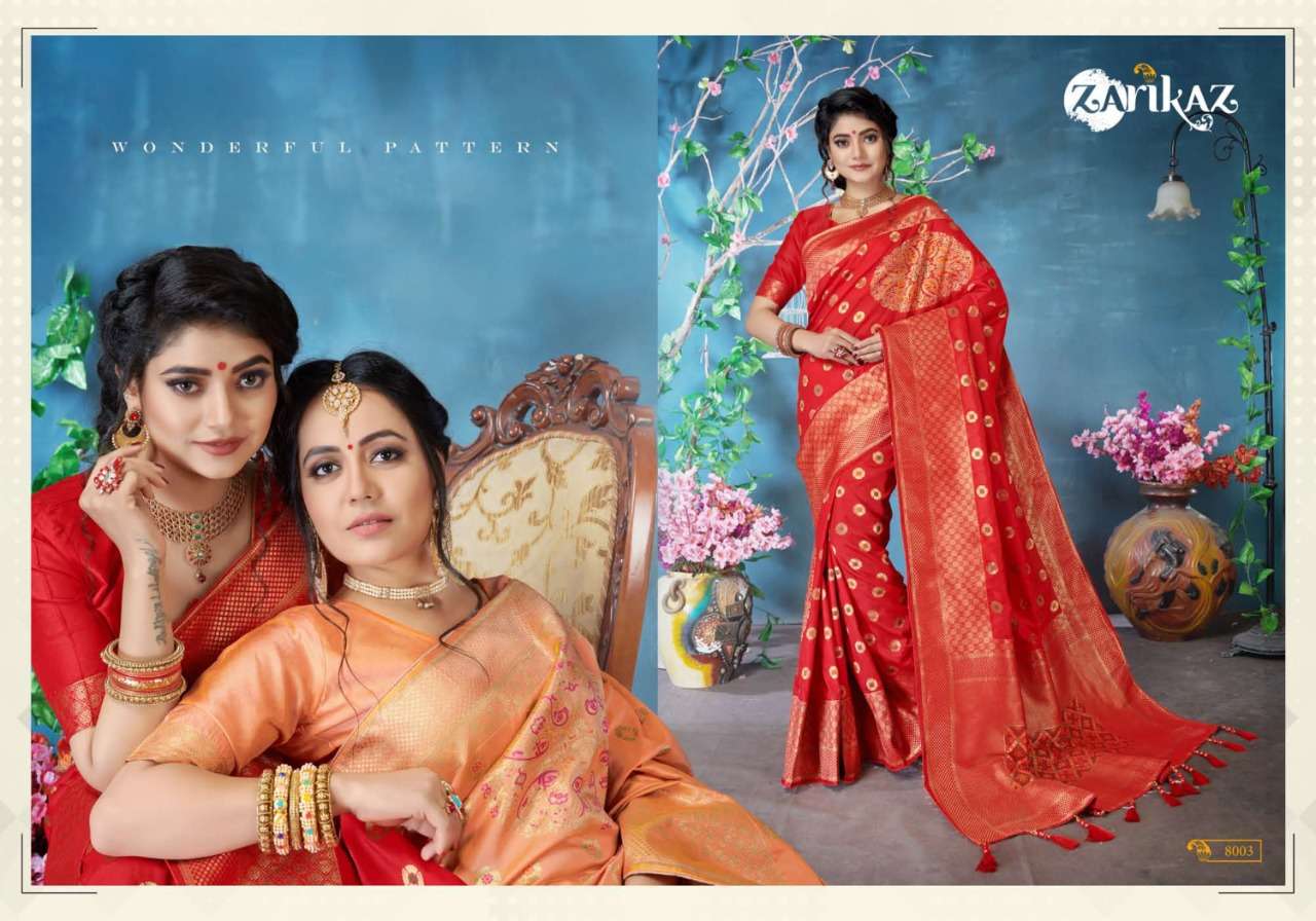 PIHUU VOL-8 BY ZARIKAZ 8001 TO 8006 SERIES INDIAN TRADITIONAL WEAR COLLECTION BEAUTIFUL STYLISH FANCY COLORFUL PARTY WEAR & OCCASIONAL WEAR BANARASI SILK WEAVING SAREES AT WHOLESALE PRICE